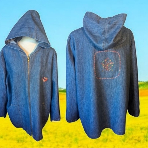Vtg 90s denim chambray hooded zip front embroidered jacket plus size  sz 3x - Picture 1 of 11